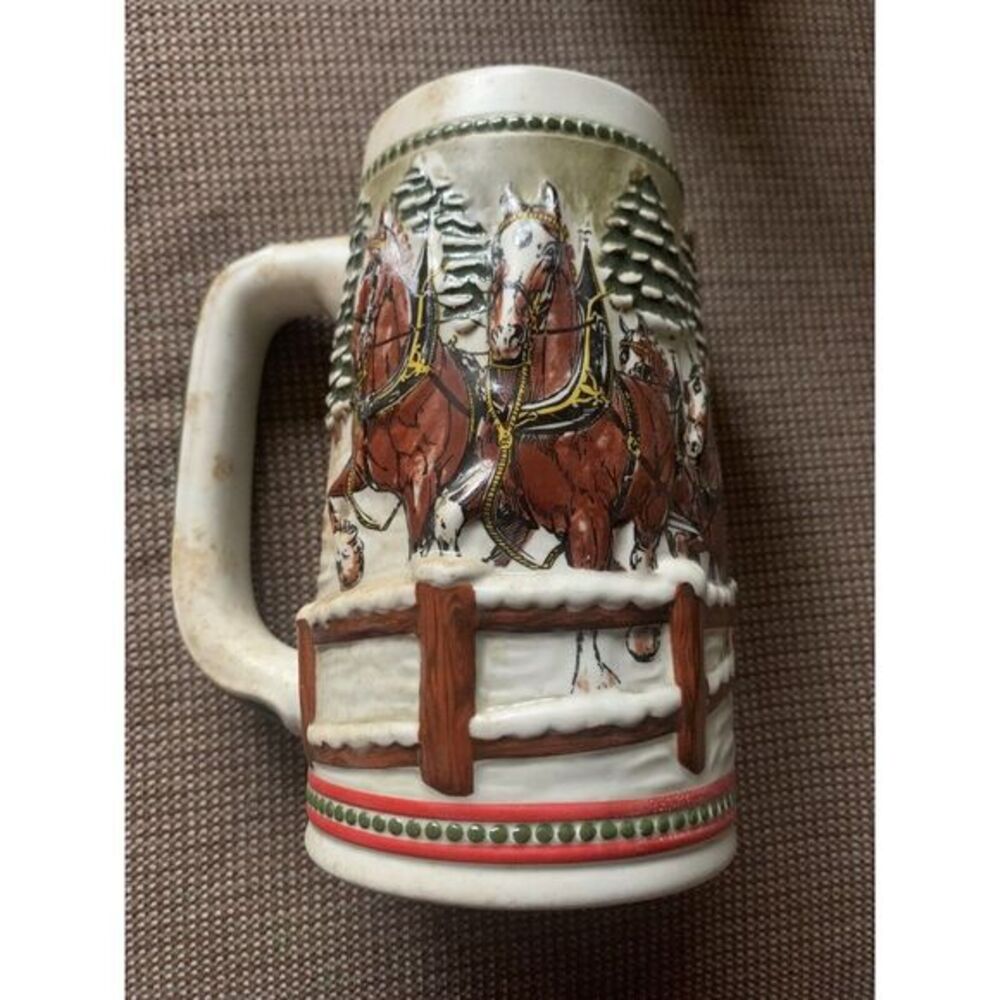 Vtg Budweiser Christmas Beer Stein 1984 Holiday Clydesdale Busch‎ Ceramarte Mug.